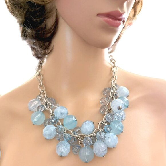 Icy Blue Bauble Statement Necklace Chunky Silver Chain Faceted Beads Y2K Glam - Picture 1 of 13